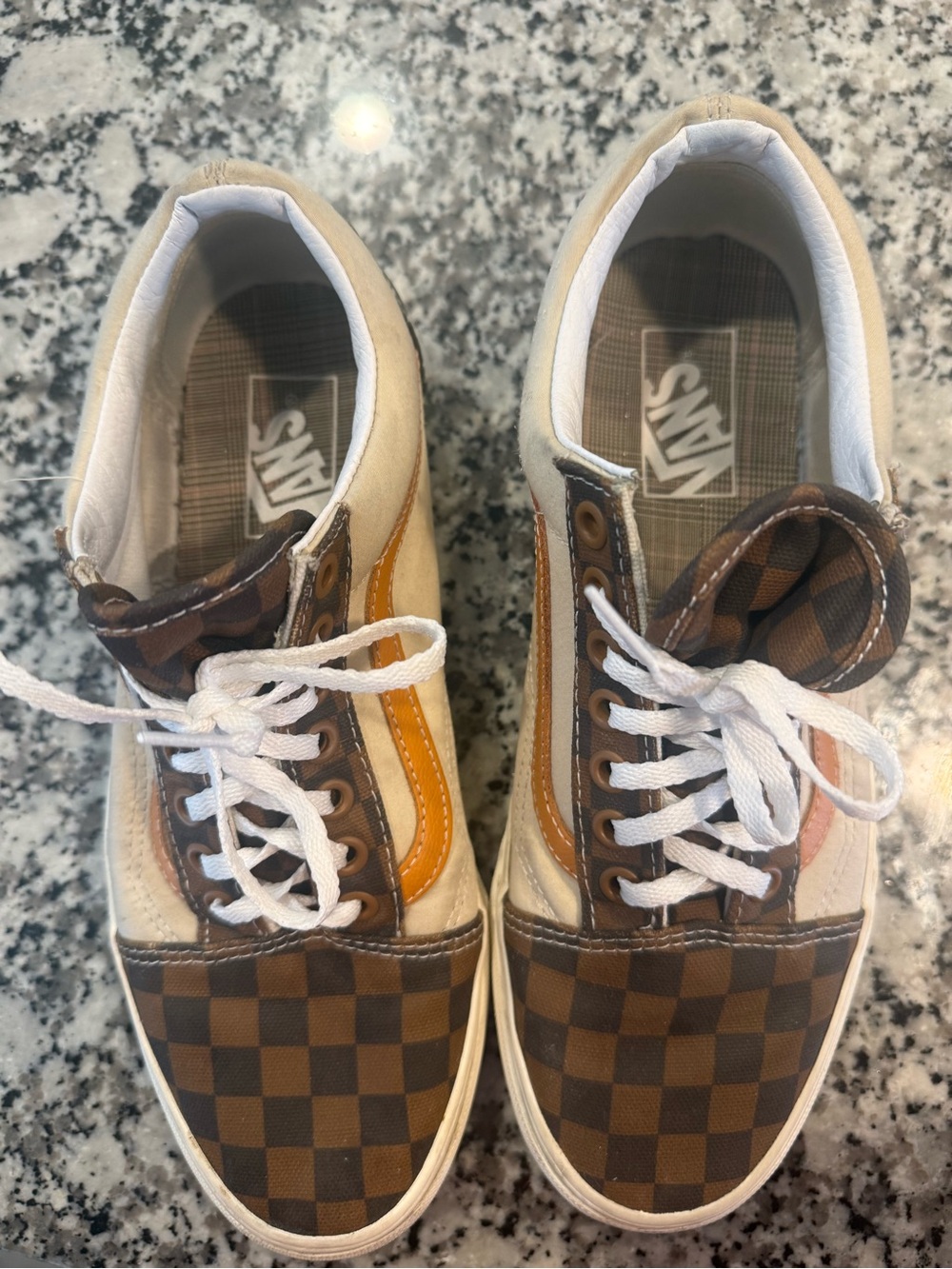 Unisex Vans Brown Checkerboard Sneakers with Tan Stripe - Picture 2 of 10